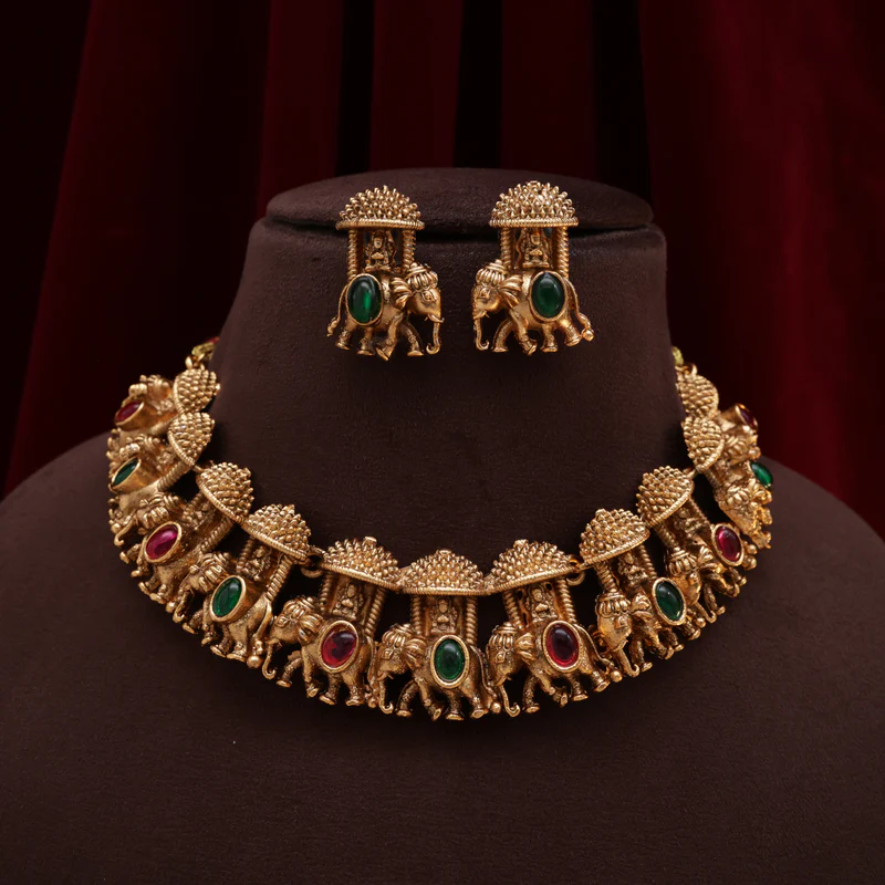 Antique Kemp Lakshmi Ambari Bridal Necklace Set - Red & Green